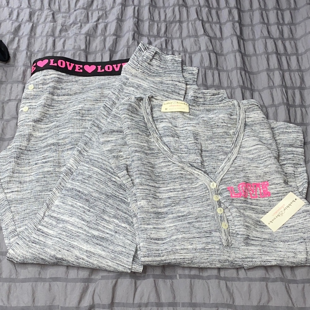 Cozy Gray Knit Pajama Set with Pink 'LOVE' Detail